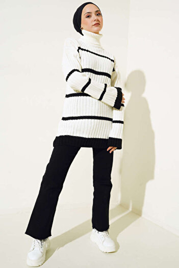 benguen 7024 Striped Turtleneck Knitwear Tunic Ecru