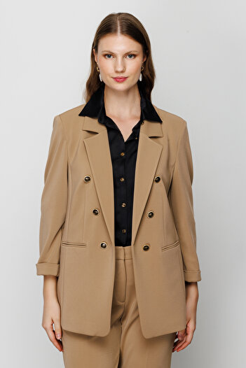 Ekol Large Size Buttoned Camel Women's Jacket 23204503
