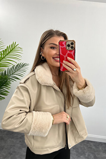 VESS MODA Palton complet din piele de damă din blană de mătase crem