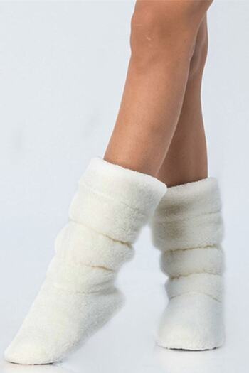 HAN GİYİM Women's Ecru Welsoft Drawstring Long Boots, Non-Slip and Quiet Sole, Winter, Plush, Soft Drawstring Boots