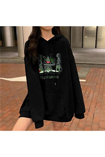 Touz Halloween Happy Place Printed Black Unisex Oversize Hooded Sweatshirt