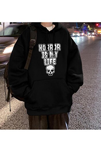 Touz zolid wear Halloween Horror Is My Life Printed Black Unisex Oversize Hooded Sweatshirt