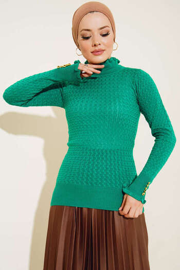 benguen 4019 Buttoned Wrists Knitted Detail Knitwear Sweater Green