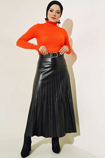 benguen 4019 Buttoned Wrists Knitted Detail Knitwear Sweater Orange