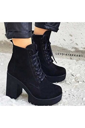 LEYDİ SHOES Γυναικείες μπότες Melisa Platform Lace Up Side Zipper Black Suede