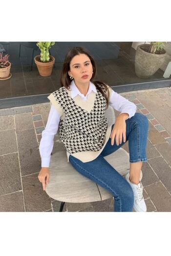 Noa Noa Kadın Bej Kazayağı Desenli Çelik Örgü Süveter Yelek