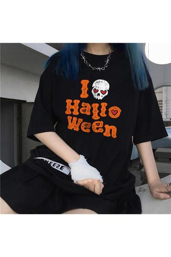 Touz Kut Kut I Love Halloween Printed Black Unisex Oversize T-shirt