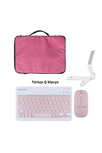 Microcase Samsung Tab  UyumluA8 SM-X200 10.5 Tablet Çanta+Türkçe Bluetooth Klavye +Mouse+Tablet Standı - Pembe