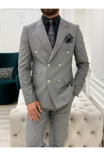 LONATOLİA Men's Double Breasted Suit Swallow Collar Italian Cut Slim Fit Jacket Vest Trousers-Light Grey