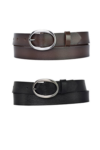 GoDeri %100 Hakiki Deri Mat Oval Tokalı 2'li Set Siyah, Koyu Kahverengi Ince Kadın Kemeri, 3 Cm=kdn39nik.ov