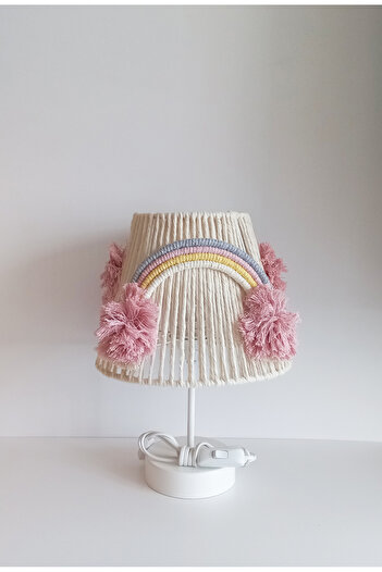 C&A&B KUZEY AVİZE Macrame Rope Wrap Rainbow - Pink Handmade and Pompom Baby Girl and Children's Room Lampshade