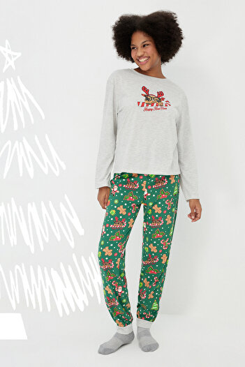 Trendyol Collection New Year's Themed Gray Melange Cotton Pajamas Set - Thmaw24Pt00058