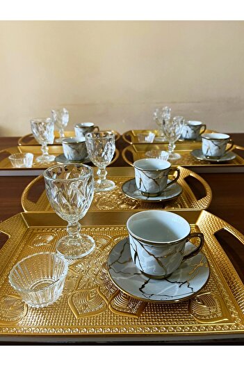 DİBA AVM Porcelain Marble Patterned Coffee Cup Set, Coffee Side Cup and Presentation Tray 30 Pieces for 6 People
