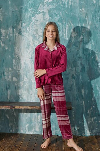 Pijamaevi Bordo Ekose Exclusive Önden Düğmeli Kadife Kız Çocuk Pijama Takımı