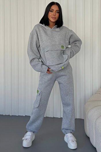 vuvutasarım Women's Thick Three Thread Fabric Kangaroo Pocket Long Sleeve Gray Tracksuit 350