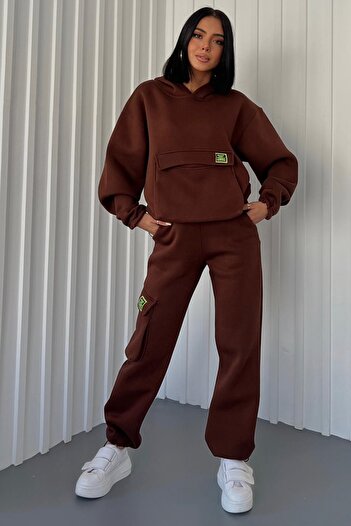 lovebox Thick Three Thread Fabric Long Sleeve Brown Tracksuit with Kangaroo Pocket and Side Cargo Pocket Detail 350