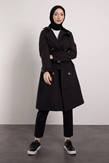 manolyabutik Smíšené barevné tlačítko Detailní klasický hidžáb Trench Black