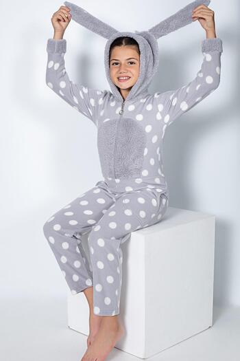 Pijamaevi Gray Dot Patterned Girl's Fleece Plush Jumpsuit Pajamas
