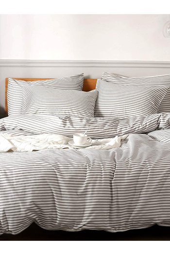 CAQQA Striped Gray Children and Teenager Single Cotton Elastic Duvet Cover Set