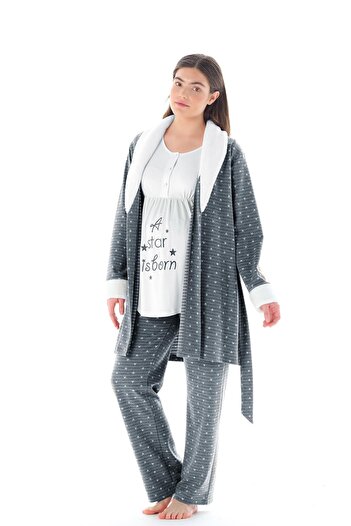 Feyza Women's Jacquard 3-Piece Maternity Anthracite Pajama Set C4T9N2O1
