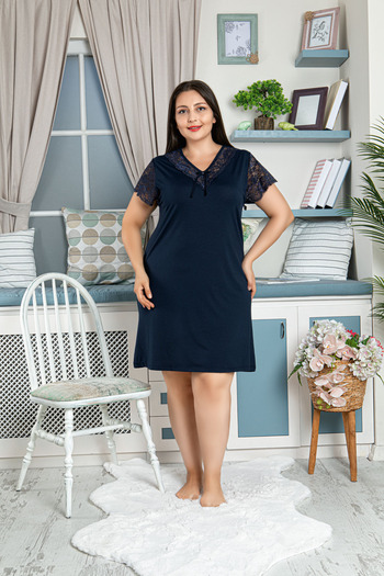 JENİKA Women's Navy Blue Large Size Navy Blue Short Sleeve Nightdress