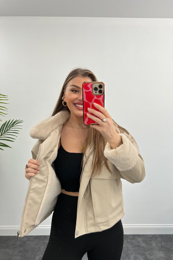 VESS MODA Palton complet din piele de damă din blană de mătase crem