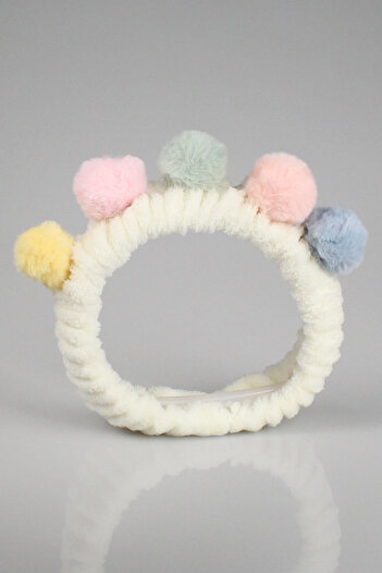 Toyaş Plush Bandana - White Colored, Pompom, Makeup Spa Hair Band