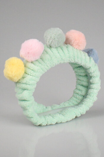 Toyaş Green Colored Plush Bandana with Pompom Makeup Spa Hair Band