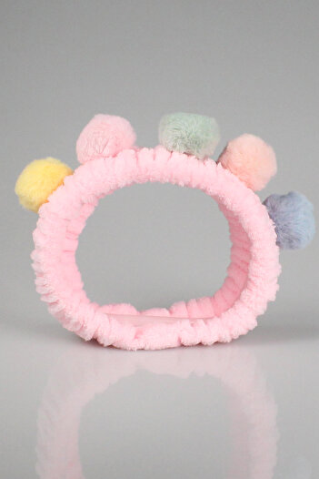 Toyaş Pink Color Pompom Plush Bandana Makeup Spa Hair Band