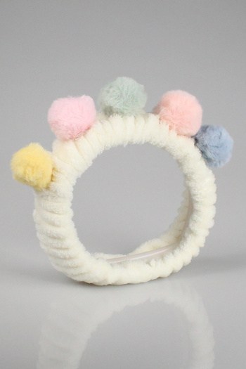 Toyaş Plush Bandana - White Colored, Pompom, Makeup Spa Hair Band