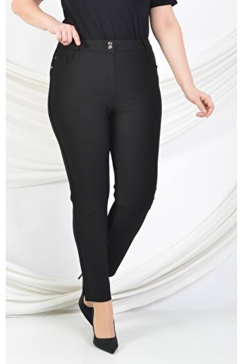 AKŞEN GİYİM Plus Size Women's Gathering High Waist Lycra Black Trousers