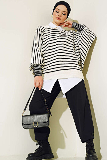 benguen 6009 Bat Sleeve Striped Knitwear Ecru