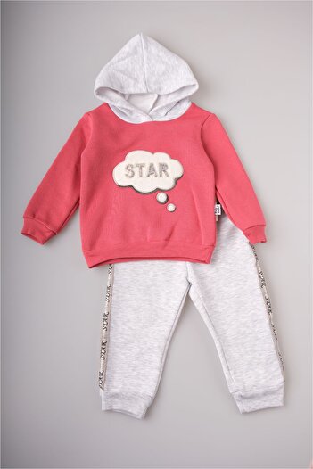 Babykokko Girl's Hooded Child Star Embroidered Full Pattern Double Set