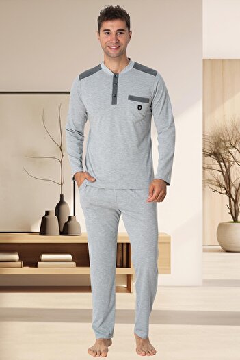 Lohussa Gray Buttoned Front Long Sleeve Cotton Large Size (Oversize) Men's Pajama Set