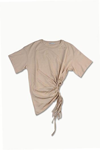 Dilvin 30184 T-shirt z marszczonymi bokami – Jasnobeżowy