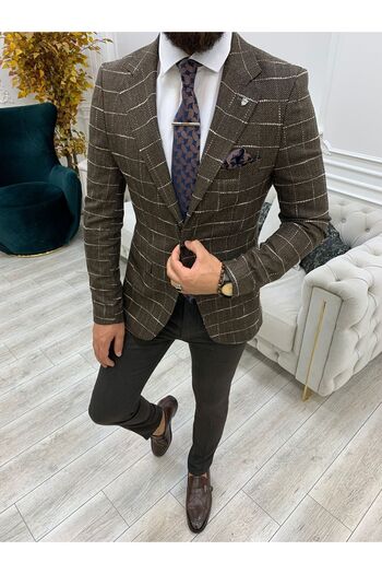LONATOLİA Men's Square Plaid Italian Cut Slim Fit Jacket