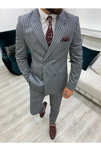 LONATOLİA Men's Double Breasted Suit Swallow Collar Italian Cut Slim Fit Jacket Trousers