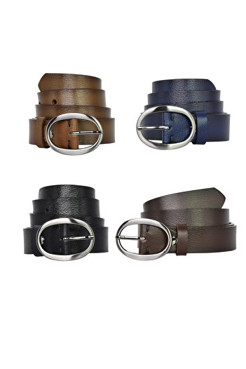 GoDeri %100 Hakiki Deri Mat Gümüş Oval Tokalı 4'lü Set Kadın Kemeri, 3 Cm=3cm-kdn-39-nik.ov