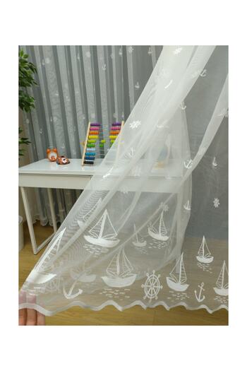 Esse Home Sailboat Anchor Patterned Children's Room Tulle Curtain, 100x260, Sparse Pleat, 1/2