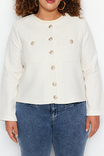 Trendyol Curve Μπουφάν Ecru Gold Tweed Plus Size - Κουμπί και τσέπη TBBAW24AG00009