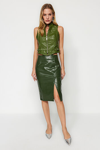 Trendyol Collection KHaki Faux Snakeskin Slit Midi Skirt - Limited Edition TWOAW23ET00260