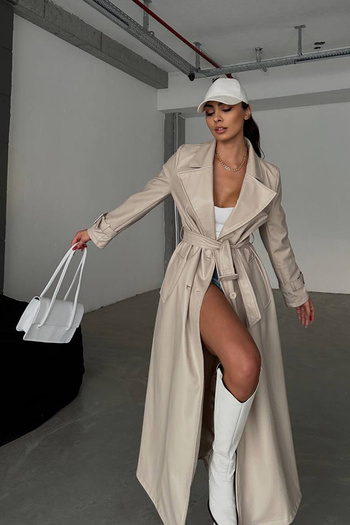 Ortaya Çık Premium Long Leather Trench Coat with Stone Belt Detail