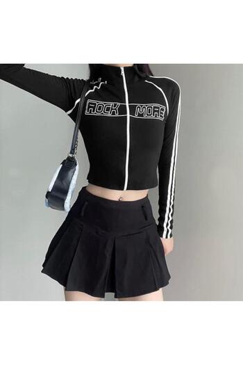 Touz Y2K Streetwear Rockmore Printed Black Long Sleeve Zipper Crop