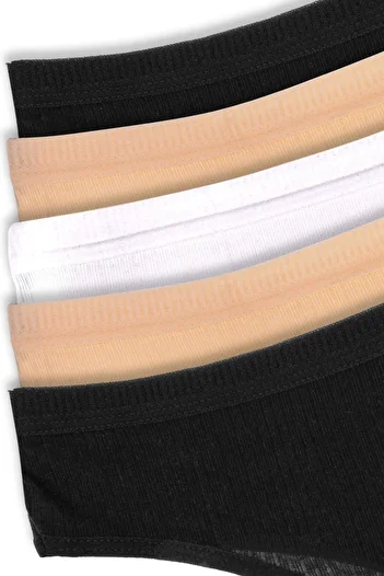 Humaone Pack of 5 Corded 100% Cotton Thong Panties Black, White, Tan