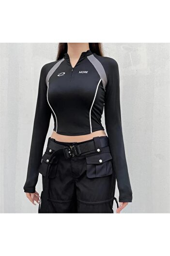 Touz Sep Y2K Streetwear More Printed Black Long Sleeve Half Zipper Crop
