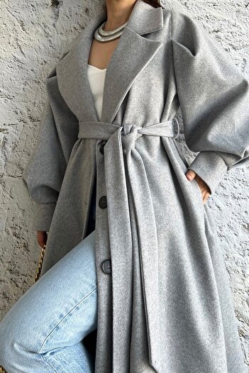 vuvutasarım Balloon Sleeve Belt Detailed Hidden Pocket Oversize Stash Fabric 120 Cm Gray Winter Coat 5953
