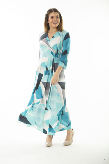 Şans Women's Plus Size Turquoise Wrap Collar Capri Sleeve Dress 65N37077