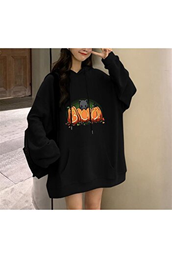 Touz Halloween Boo Cat Printed Black Unisex Oversize Hooded Sweatshirt