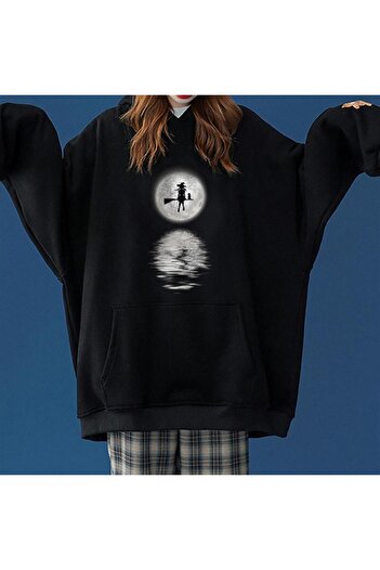 Touz Blunt Blunt Halloween Witch On The Moon Printed Black Unisex Oversize Hooded Sweatshirt