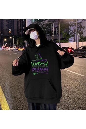 Touz zolid wear Halloween Witch Please Printed Black Unisex Oversize Hooded Sweatshirt